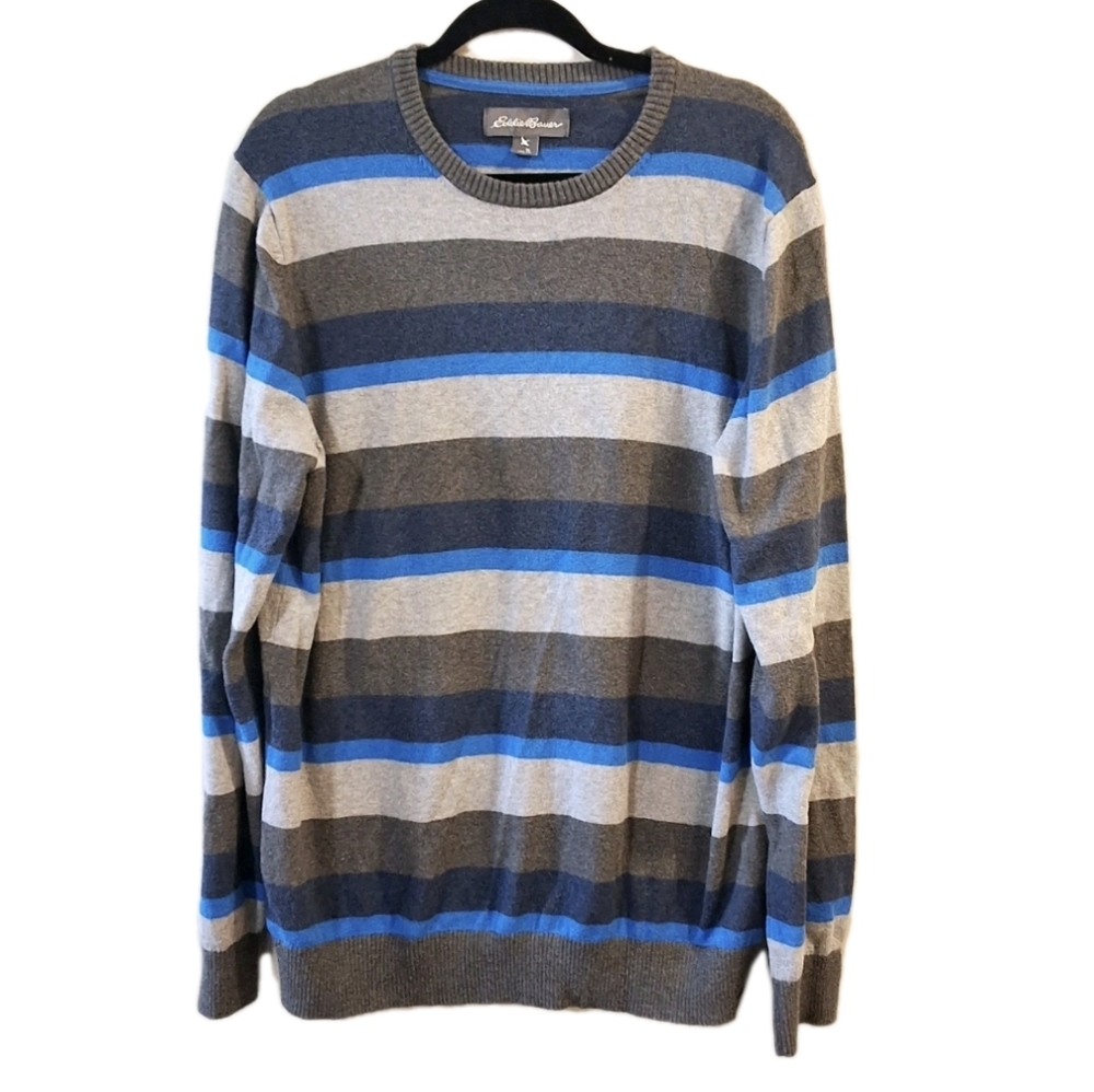 Eddie Bauer Sweater Men's TL Blue Gray Striped Classic Y2K Dad Style Preppy Nerd